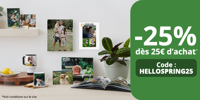 Objets photo, mugs, photos sur toile, tirages, posters pêle mêle sur le thème du printemps