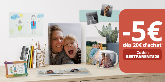 Objets photo, mugs, photos sur toile, tirages, posters pêle mêle pour la fête des mères