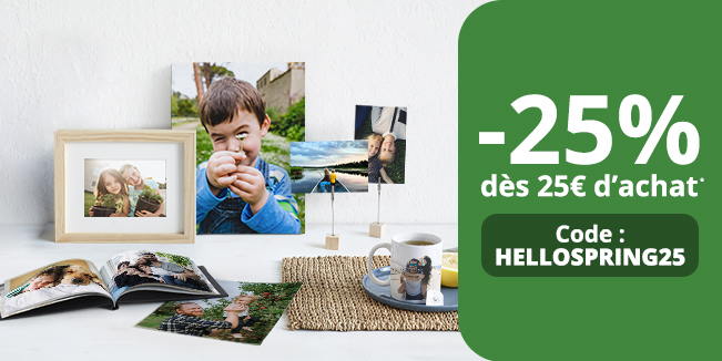 Objets photo, mugs, photos sur toile, tirages, posters pêle mêle sur le thème du printemps